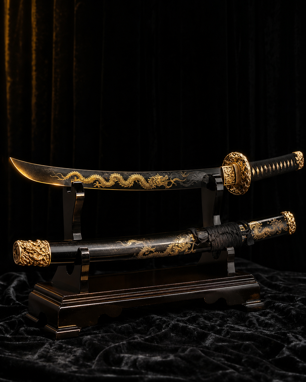 Hand-forged Japanese master katana with gold dragon detail on a black lacquered stand