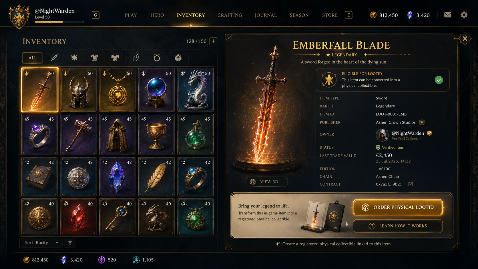 In-game inventory showing a legendary sword with an Order physical LootID button