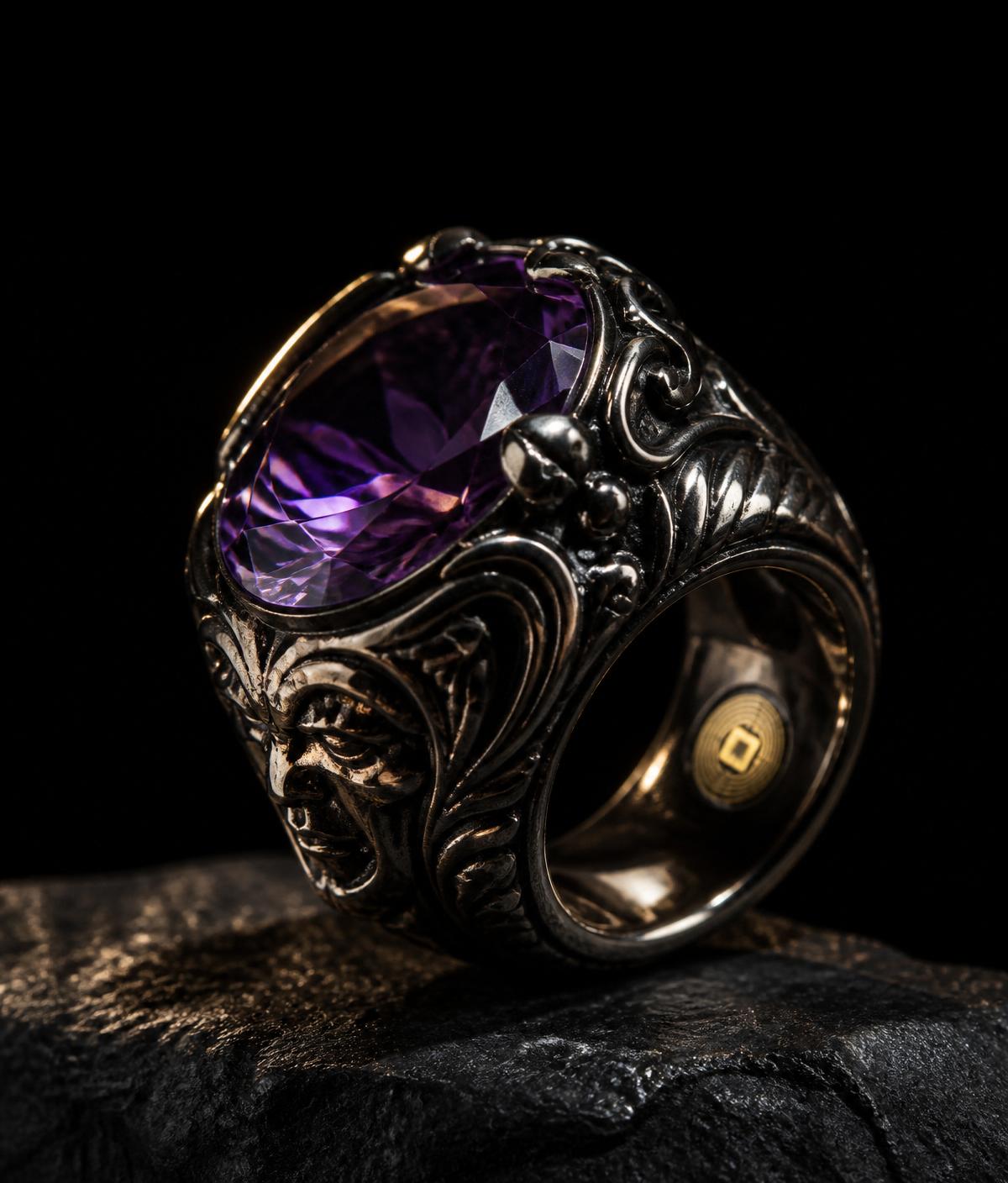 Ornate silver ring set with a faceted amethyst and an embedded NFC chip